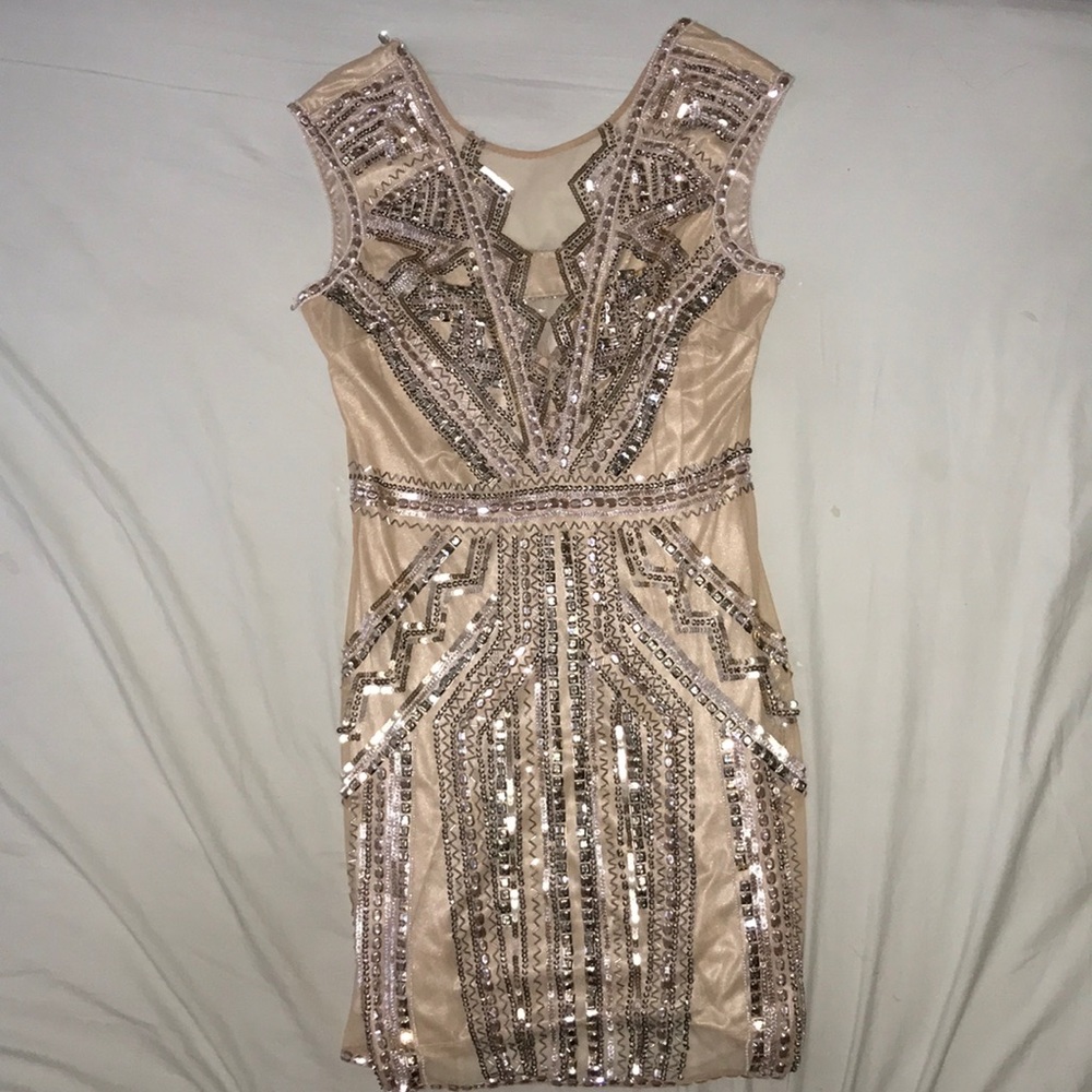 Beige cocktail sequin dress